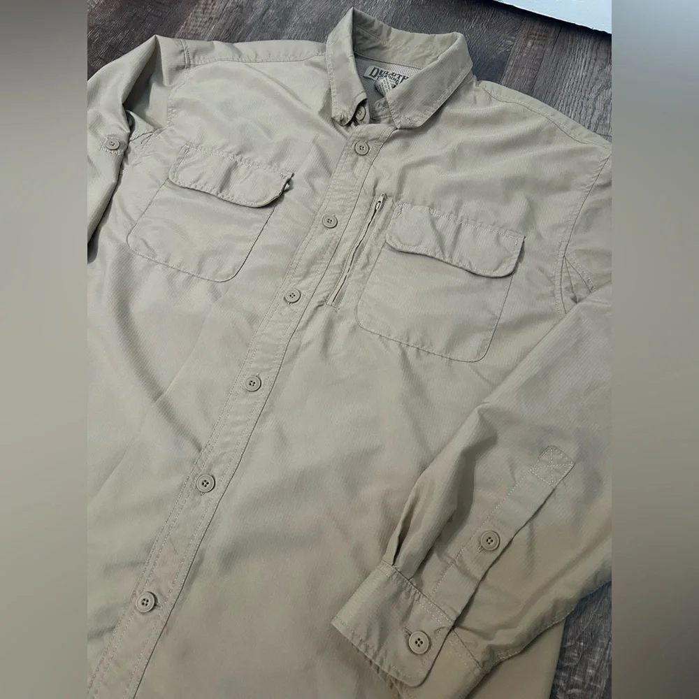 Duluth Trading Shirt Mens XL Tan Dry On The Fly Hybrid Hiking Snap